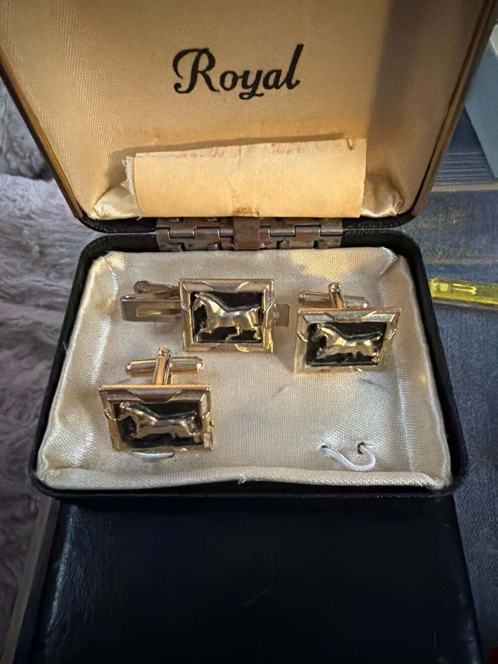Vintage Royal Men's Gold Tone Horse Cufflink and Tie Clip Set with Original Case